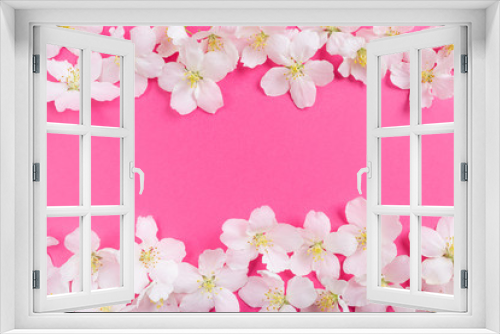 Fototapeta Naklejka Na Ścianę Okno 3D - White flowers on a bright pink background. The concept of spring, summer, flowering, holiday, celebration. Image for banner, postcards. Copyspace.