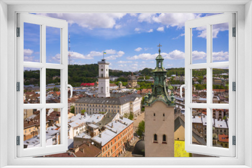 Fototapeta Naklejka Na Ścianę Okno 3D - View on Lviv city hall from drone