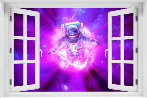 Fototapeta Naklejka Na Ścianę Okno 3D - Galactic wormhole exploration / 3D illustration of science fiction scene with astronaut passing through glowing energy portal in outer space