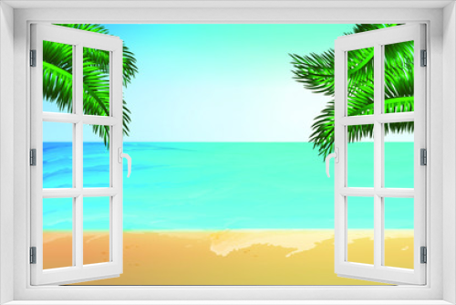 Fototapeta Naklejka Na Ścianę Okno 3D - Summer view of the beach . Tropical background for summer holidays. Sea, sand, sky, plane, wave, sun, palm leaves. Stock vector illustration.