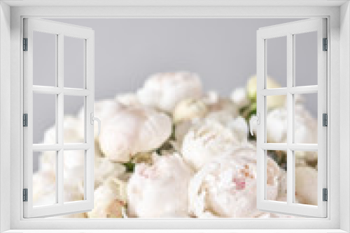 Fototapeta Naklejka Na Ścianę Okno 3D - White Odile peonies in a metal vase. Beautiful peony flower for catalog or online store. Floral shop concept . Beautiful fresh cut bouquet. Flowers delivery. Copy space