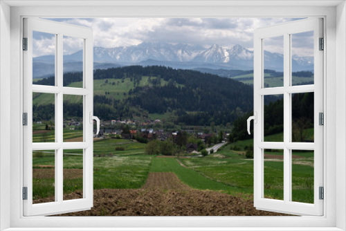 Fototapeta Naklejka Na Ścianę Okno 3D - Panoramic view at Tatra Mountains,  hills, fields, meadows, dirt road