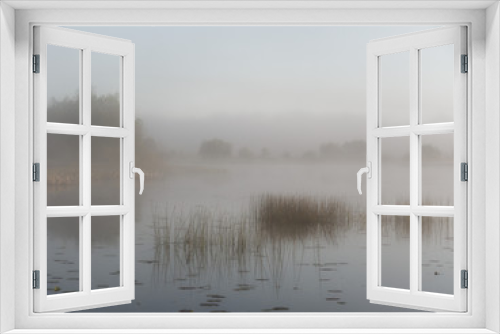 Fototapeta Naklejka Na Ścianę Okno 3D - foggy morning on the river near the floodplain meadow