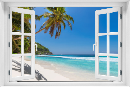 Fototapeta Naklejka Na Ścianę Okno 3D - Beautiful white sand beach with coco palms and turquoise sea in Jamaica island.	