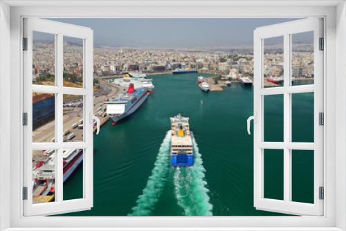 Fototapeta Naklejka Na Ścianę Okno 3D - Aerial drone photo of passenger ferry reaching destination - busy port of Piraeus, Attica, Greece