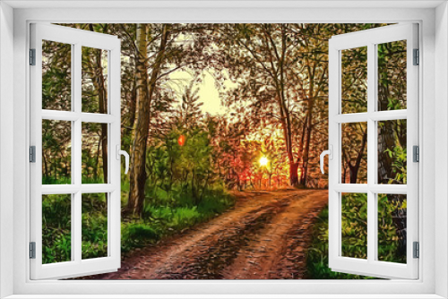 Fototapeta Naklejka Na Ścianę Okno 3D - A beautiful sunrise in the forest over the road in the early morning.