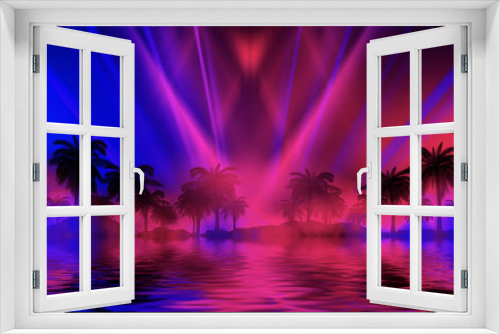 Fototapeta Naklejka Na Ścianę Okno 3D - Silhouettes of tropical palm trees on a background of abstract background with neon glow. Reflection of palm trees on the water. 3d illustration