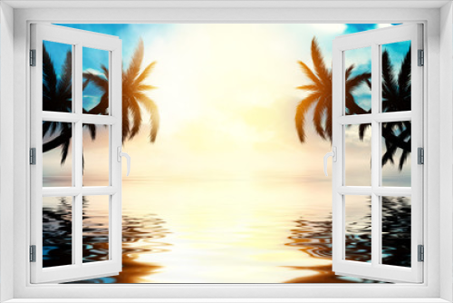 Fototapeta Naklejka Na Ścianę Okno 3D - Tropical sunset with palm trees and sea. Silhouettes of palm trees on the beach against the sky with clouds. Reflection of palm trees on the water.