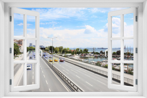 Fototapeta Naklejka Na Ścianę Okno 3D - City road with scanner frames on cars near sea. Machine learning