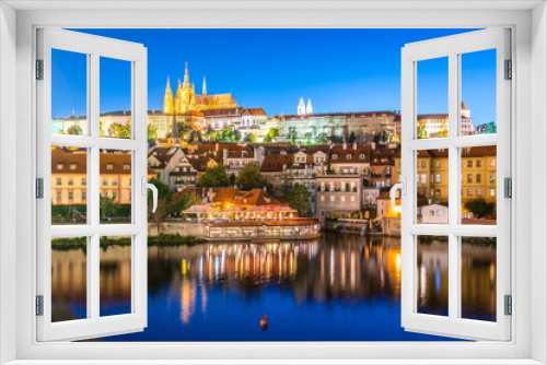 Prague Castle, Czech: Prazsky hrad. Illuminated landmark by night. Vew from Charles Bridge, Praha, Czech Republic