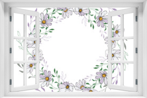 Fototapeta Naklejka Na Ścianę Okno 3D - Wreath of white flowers. Round frame with cosmos flowers on white background. Design for your wedding, birthday, saving the date card. For greeting card decoration. Vector stock illustration.