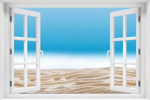Fototapeta Naklejka Na Ścianę Okno 3D - Banner 3:1. Deck chairs on sandy beach with blurry blue ocean and sky. Social distancing or COVID-19 protection at summer holidays. Summer background. Soft focus