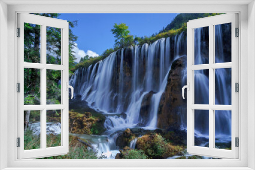 Fototapeta Naklejka Na Ścianę Okno 3D - Beautiful and fresh scenery at waterfalls with massive cascade, green algae, reflection and trees.