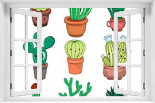 Fototapeta Naklejka Na Ścianę Okno 3D - Greeting card with kawaii cacti on a white background. Vector graphics.