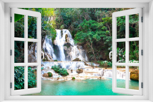 Fototapeta Naklejka Na Ścianę Okno 3D - Kuang Si waterfall the most popular tourist attractions Lungprabang Lao  Long Exposure