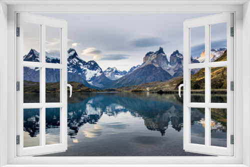 Fototapeta Naklejka Na Ścianę Okno 3D - Torres del Paine over the Pehoe lake,  reflection, sunset, Patagonia, Chile 