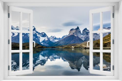 Fototapeta Naklejka Na Ścianę Okno 3D - Torres del Paine over the Pehoe lake,  reflection, sunset, Patagonia, Chile
