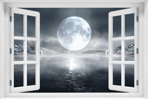 Fototapeta Naklejka Na Ścianę Okno 3D - Futuristic night landscape with abstract landscape and island, moonlight, shine. Dark natural scene with reflection of light in the water, neon blue light. Dark neon circle background.
