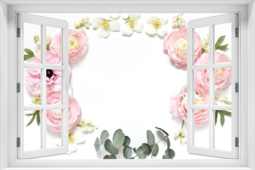 Fototapeta Naklejka Na Ścianę Okno 3D - Floral wreath frame on a light background. Pink pink, lily of the valley and jasmine.