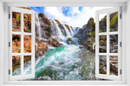 Fototapeta Naklejka Na Ścianę Okno 3D - Captivating view of  Kolufossar waterfall at summer sunny day.