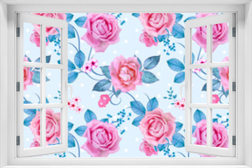 Fototapeta Naklejka Na Ścianę Okno 3D - Delicate beautiful pink, lilac roses, blue pastel foliage, clusters of berries, flower arrangement, realism, seamless pattern