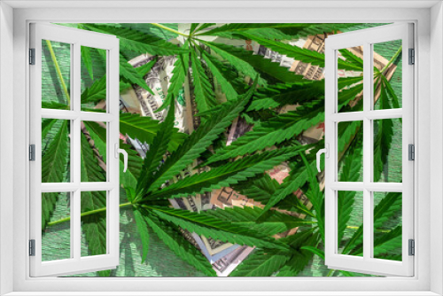 Fototapeta Naklejka Na Ścianę Okno 3D - Cannabis leaves on dollar bills on a textural green background.