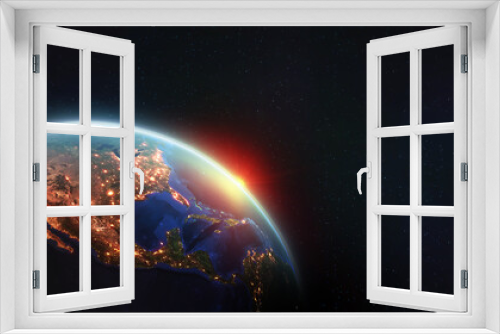 Fototapeta Naklejka Na Ścianę Okno 3D - Earth orbit. North America and night lights of cities. Planet in space 3d illustration. Elements of this image are furnished by NASA