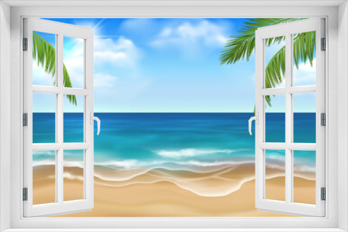 Fototapeta Naklejka Na Ścianę Okno 3D - Vector sunny sandy beach with idyllic sea scenery, blue sky with sun and clouds and green palm leaves
