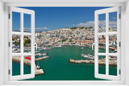 Fototapeta Naklejka Na Ścianę Okno 3D - Aerial drone bird's eye view panoramic photo of iconic round shaped picturesque port of Mikrolimano with sail boats and yachts docked and beautiful clouds, Piraeus port, Attica, Greece