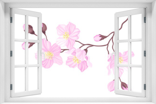 Fototapeta Naklejka Na Ścianę Okno 3D - Blooming Cherry Branch with Tender Pink Flower Blossoms Vector Illustration
