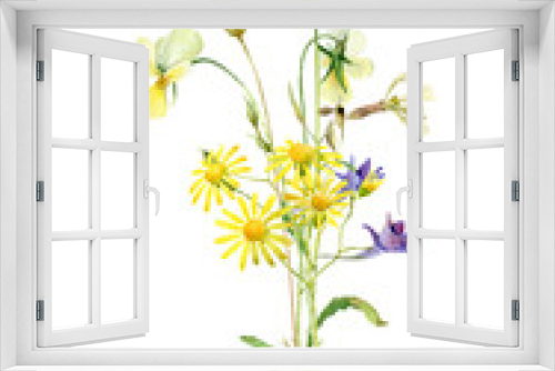 Fototapeta Naklejka Na Ścianę Okno 3D - Watercolor bouquet of violets of flowers and yellow camomile on a white background