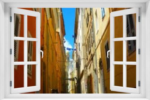 Fototapeta Naklejka Na Ścianę Okno 3D - Europe, France, Corsica, City of Bastia, alleyway, facade, window and blue shutter