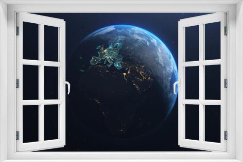 Fototapeta Naklejka Na Ścianę Okno 3D - Planet Earth from Space European Union Countries highlighted teal glow, 2020 political borders and counties, city lights, 3d illustration, elements of this image courtesy of NASA