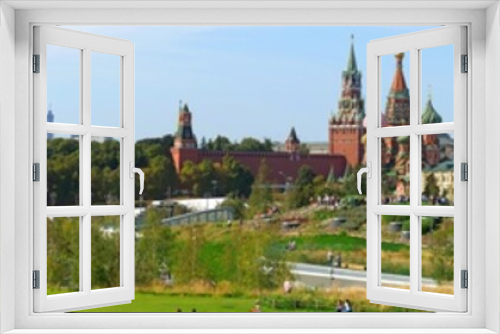 Zaryadye Park overlooking the Moscow Kremlin and St Basil's Cathedral, Russia. Zaryadye is the one of the main tourist attractions of Moscow.