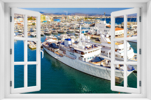 Fototapeta Naklejka Na Ścianę Okno 3D - View of super yahcht mored at Limassol Marina. Cyprus