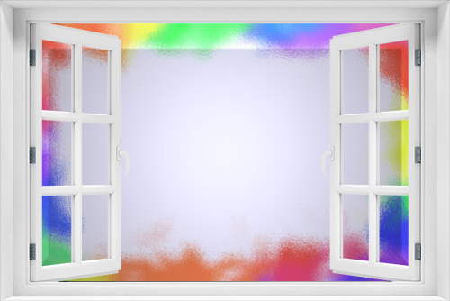 Three dimensional white background with rainbow watercolor border of frosted glass effect around a blank area with space for text, copy