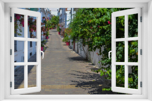 Fototapeta Naklejka Na Ścianę Okno 3D - Typical Andalusian street in the old city. White houses and flowers in pots.