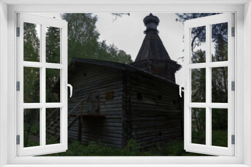 Fototapeta Naklejka Na Ścianę Okno 3D - Russia, Karelia: White nights. Dawn on Lake Muezero. Trinity Monastery on Trinity Island, old wooden church of St. Nicholas.