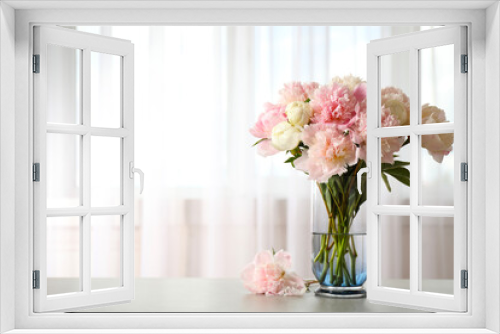 Fototapeta Naklejka Na Ścianę Okno 3D - Beautiful peony bouquet in vase on table indoors. Space for text