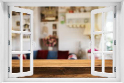 Empty wooden table space platform and blurred resturant or coffee shop background for product display montage.