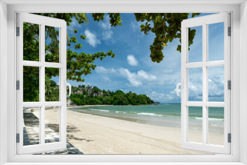 Fototapeta Naklejka Na Ścianę Okno 3D - Beautiful view of quiet sunny day at famous Patong beach in Phuket Thailand during locked down policy due to Covid-19. All beaches in Phuket are not allowed to enter.