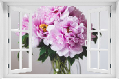 Fototapeta Naklejka Na Ścianę Okno 3D - Beautiful bouquet of fresh pink peony flowers in full bloom in vase.