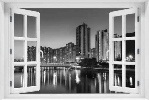 Fototapeta Naklejka Na Ścianę Okno 3D - High rise residential building and mountain in Hong Kong city at dusk