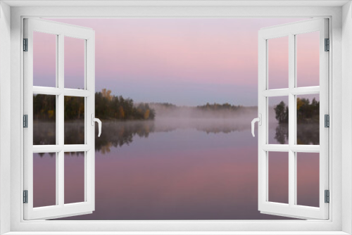 Fototapeta Naklejka Na Ścianę Okno 3D - Morning fog on wood lake