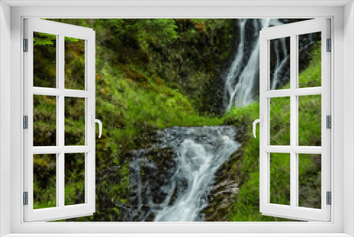 Fototapeta Naklejka Na Ścianę Okno 3D - A river flowing over rocks in a Scottish forest during summer showing green moss and clover against a background of trees and woodland