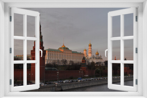 Evening panorama of the Kremlin, the Kremlin embankment and the Moscow River. View from the Big Stone Bridge. Autumn in Moscow.