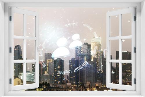 Fototapeta Naklejka Na Ścianę Okno 3D - Abstract virtual people icons sketch on Los Angeles office buildings background, life and real estate insurance online concept. Double exposure