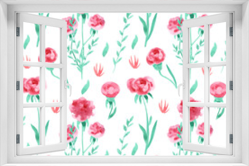 Fototapeta Naklejka Na Ścianę Okno 3D - Watercolor seamless pattern with leaves and fantasy pink peony and rose flowers  on white background. Beautiful textile print. Great for fabrics, wrapping papers, wallpapers, covers, linens.