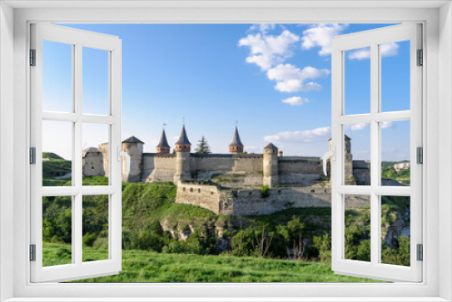 Fototapeta Naklejka Na Ścianę Okno 3D - ancient castle on the mountain, with a beautiful sky, in sunny weather 
