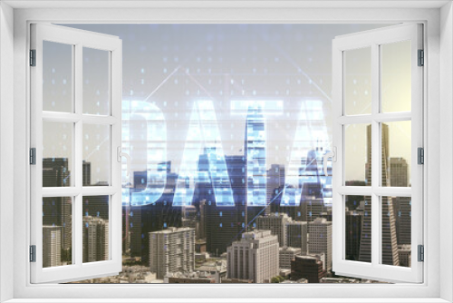 Fototapeta Naklejka Na Ścianę Okno 3D - Data word hologram on San Francisco office buildings background, big data and blockchain concept. Multiexposure